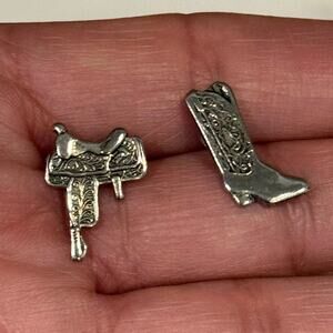 Silver Tone saddle and cowboy boot earrings western NFR rodeo fun cutesy